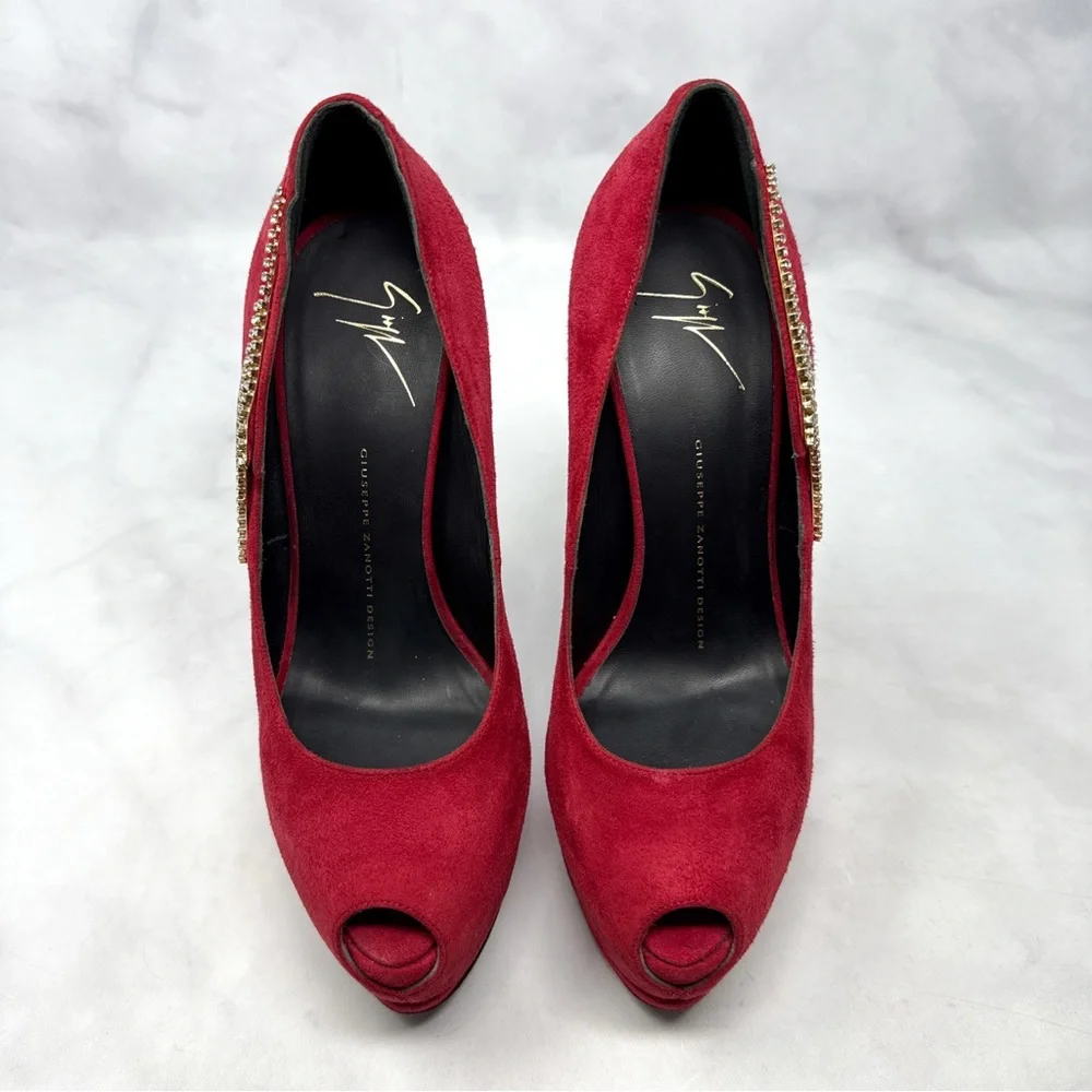 Giuseppe Zanotti Sharon Rhinestone Lightning Bolt Suede Platform Heels Red 38 - Picture 5 of 15
